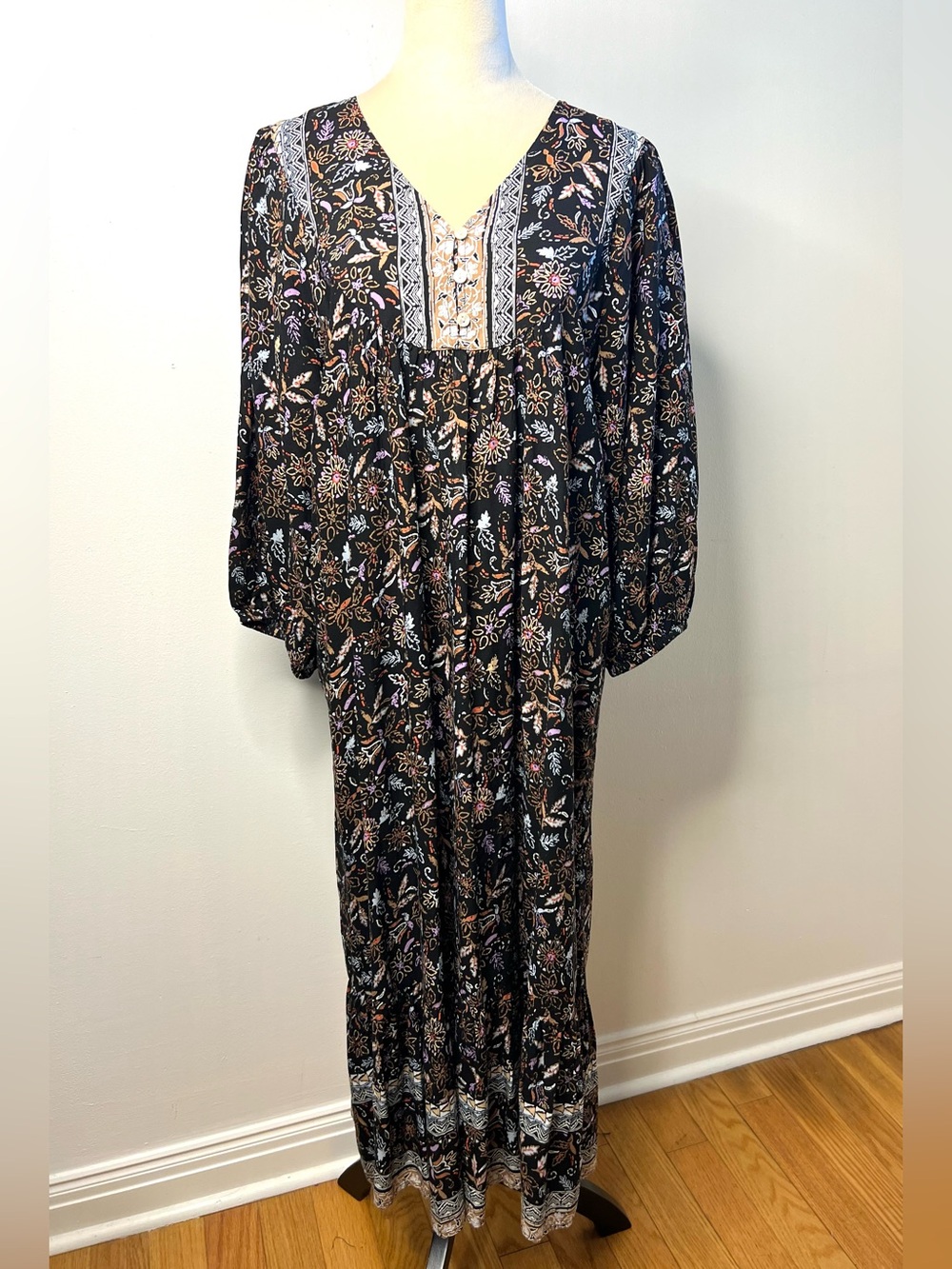 Beach Lunch Lounge Bohemian Black Floral Maxi Dress Long Balloon Sleeve SZ L EUC